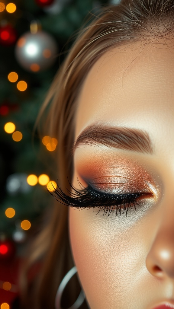 Close-up of glamorous Christmas eyelash look with glitter, surrounded by festive decorations.